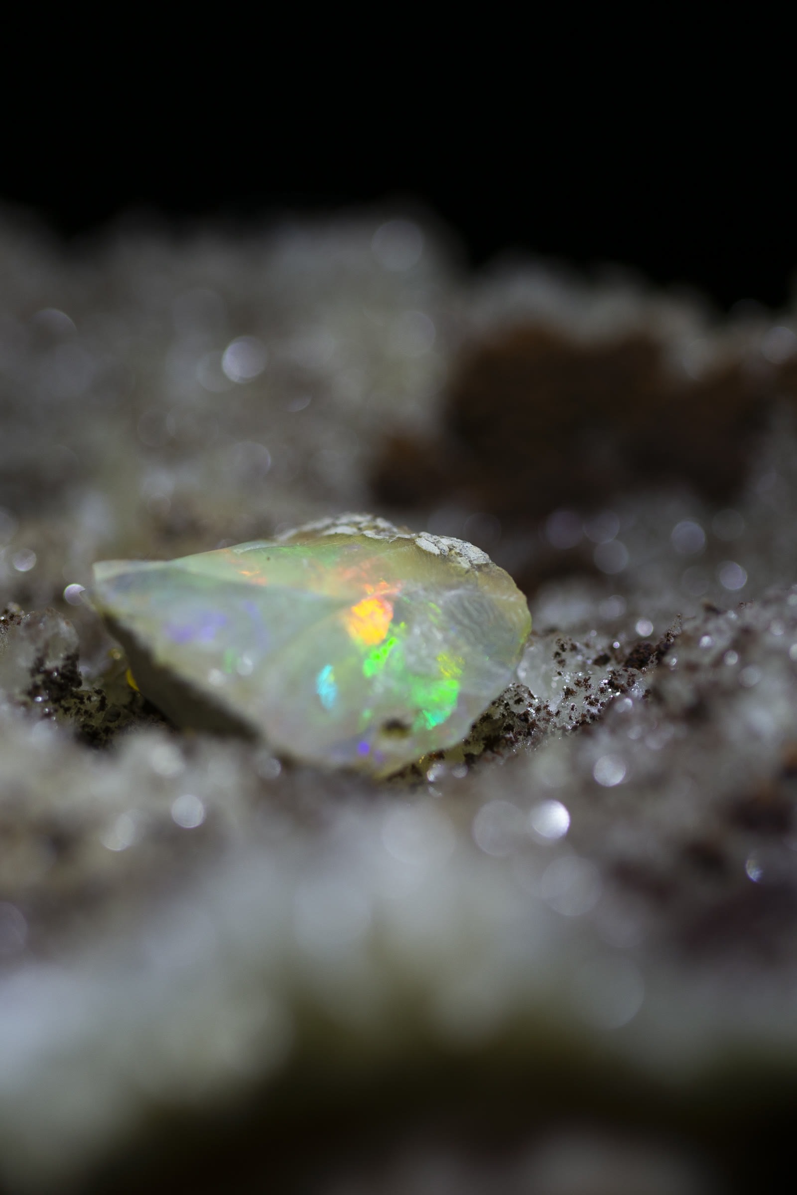 Macro close-up of opal druze — tiny crystalline opal formations covering a surface, green and blue fire visible between the structures.