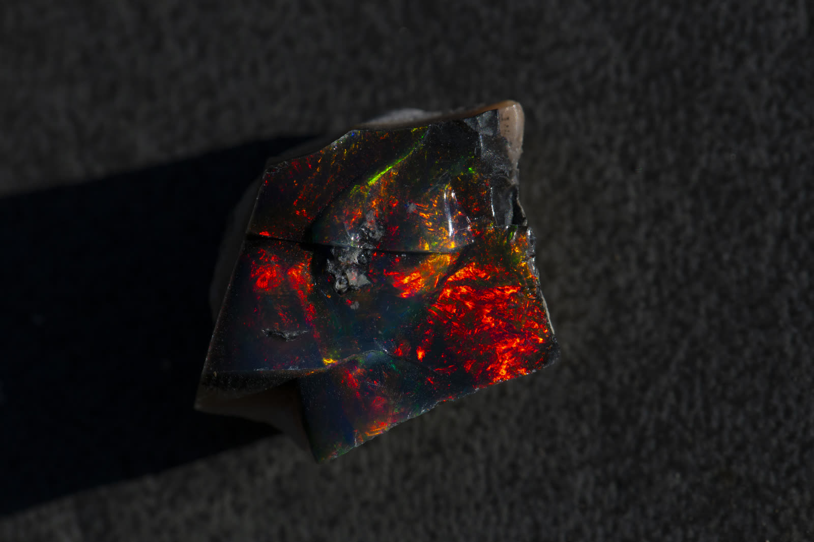 Dark-body Ethiopian opal — natural dark body and smoked material can look identical until you put the stone in water.