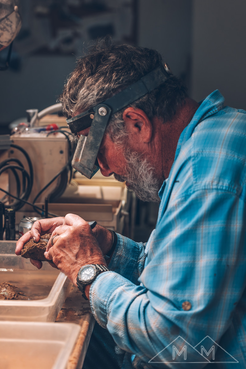 Glen Hodson in a blue plaid shirt, magnifying loupe pushed up, examining a piece of matrix over soak trays in his shop.