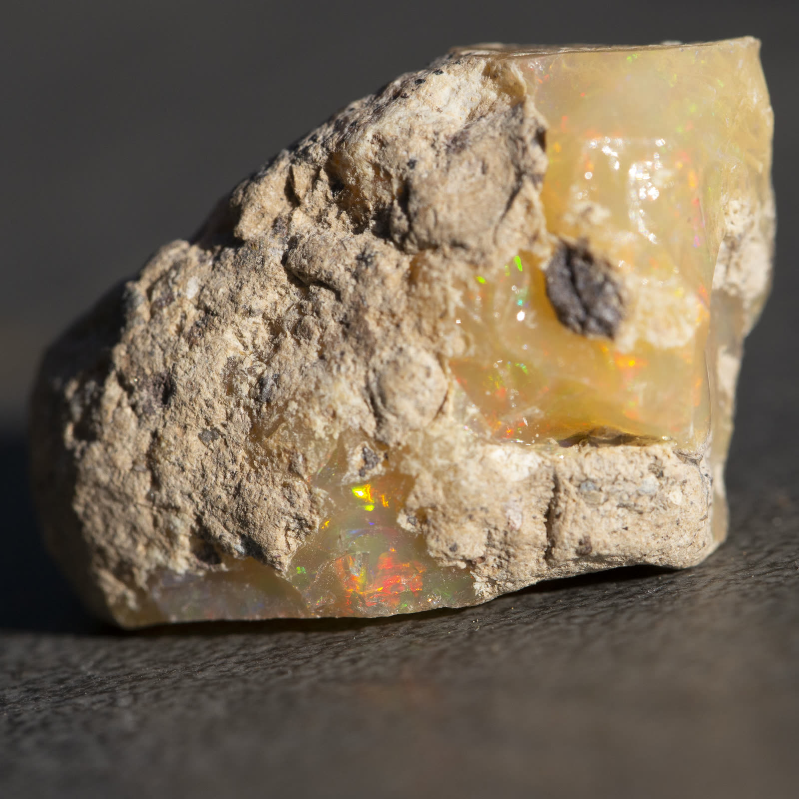 Ethiopian Welo opal rough with a warm honey-amber body, fire visible through the golden translucent body, most of the stone still in sandy matrix.