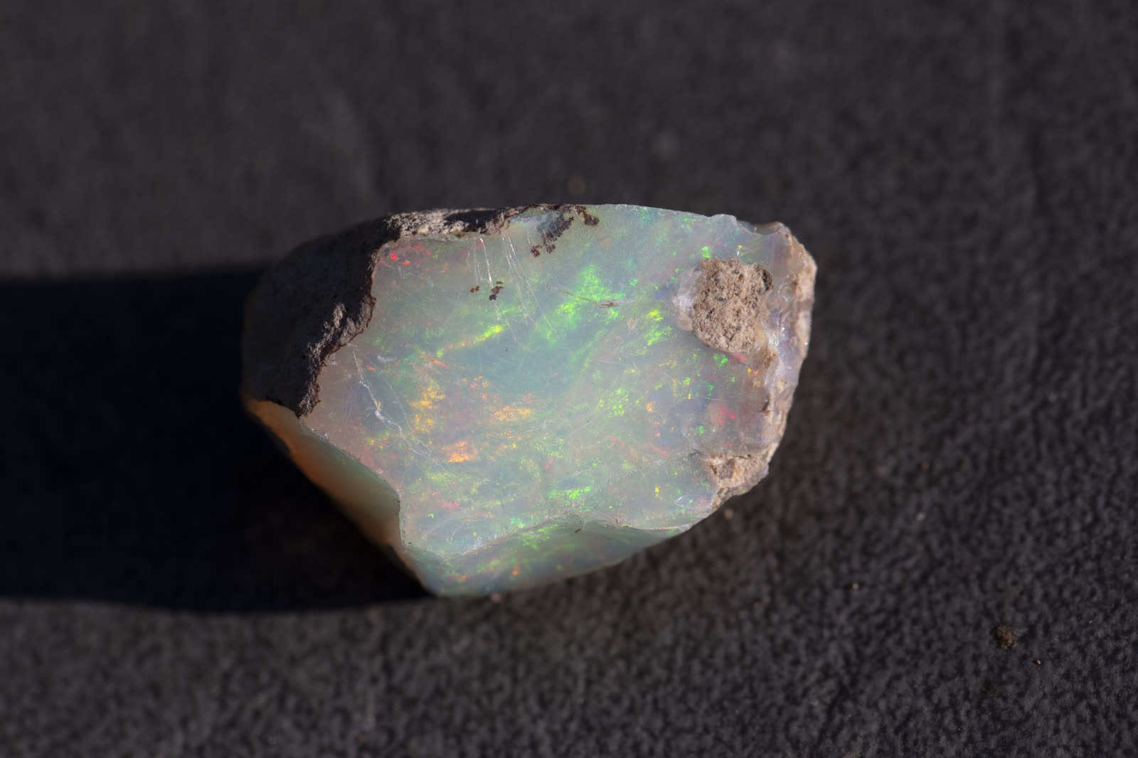 Rough Ethiopian Welo crystal opal with green and red fire across its face, dark matrix attached at the back.